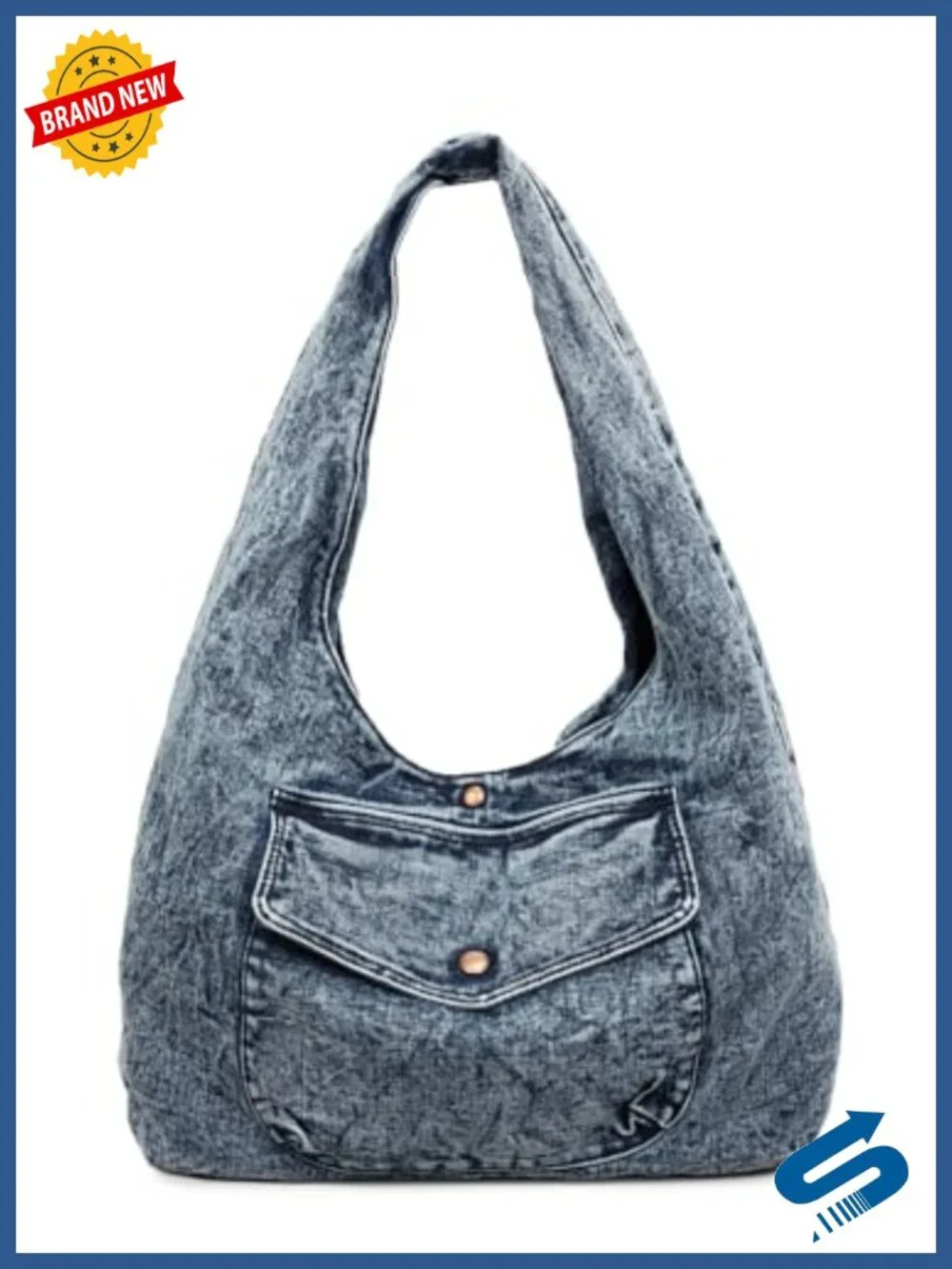 Denim Hobo Tote Bag Large Capacity Reversible Wide Strap